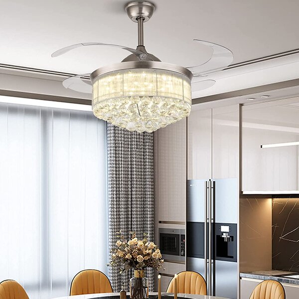 Modern Crystal Invisible Ceiling Fan LED Light Dining Room Fan Chandelier Lamp 