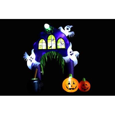 9 Foot Tall Lighted Happy Halloween Inflatable Castle Archway with Pumpkin and Ghost Indoor / Outdoor Holiday Blow Up Yard Garden Decoration