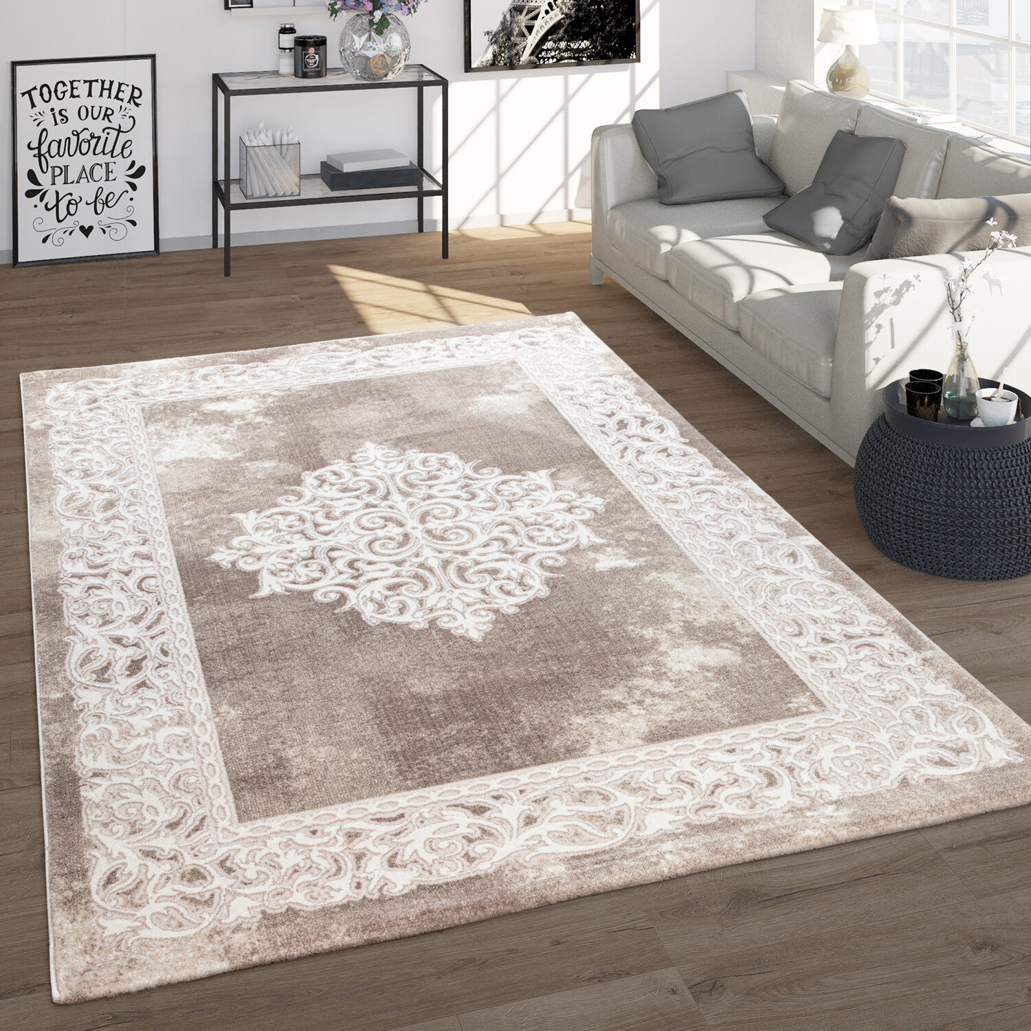 Area Rug Beige Oriental Style Floor Carpet Small Large Sizes Low Pile 