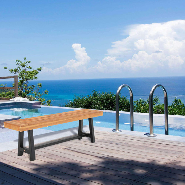 Gracie Oaks Outdoor Patio Acacia Wood Bench 63 0 L X 14 4 W X 17 9 H Oil Finished Backless Wooden Garden Park Bench For Patio Porch Modern Slim Outdoor Dining Furniture Teak Colour