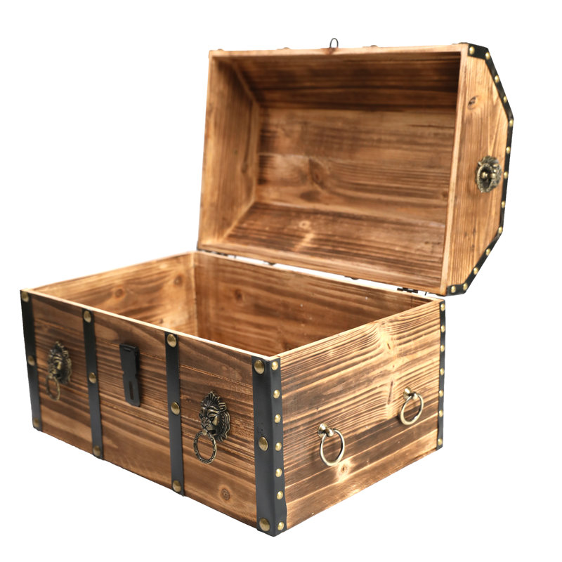 Antique Wooden Pirate Treasure Chest with Lion Rings and Lockable Latch