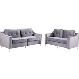 2 Pieces Tufted Velvet Upholstered Loveseat & Couch Sofa Track Arm Classic Mid-Century Modern Sofa Set With Chromed Metal Legs by Ivy Bronx