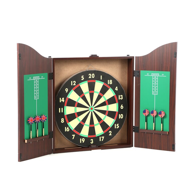 Walnut Basements Chalk Scoreboards Hathaway Farmington Dartboard and Cabinet Set Home Bars Steel-Tip Darts Perfect for Family Game Rooms Includes 18-in Dartboard 