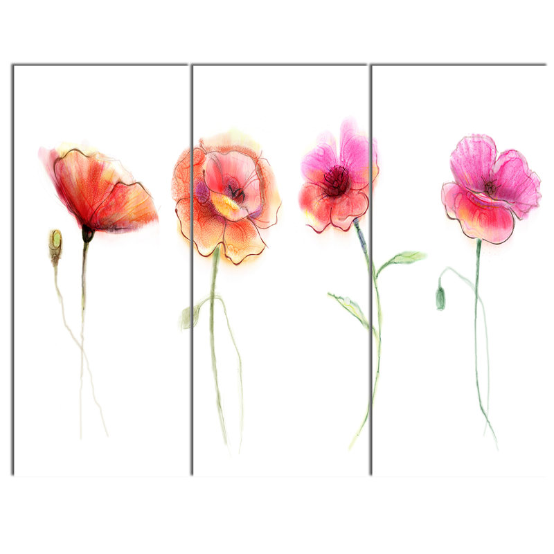 Designart Watercolor Poppy Flowers Sketch 3 Piece Painting Print