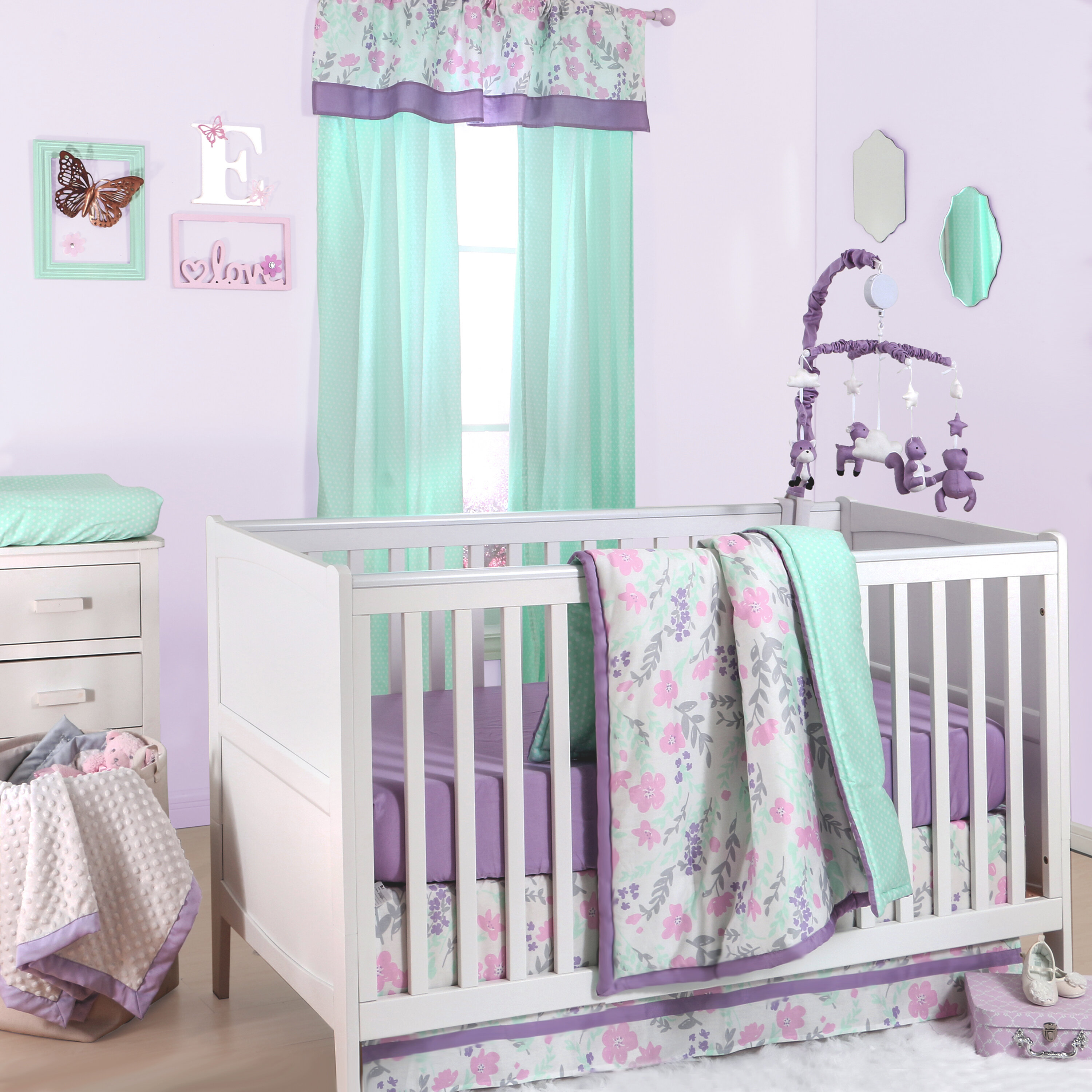 purple and grey nursery bedding