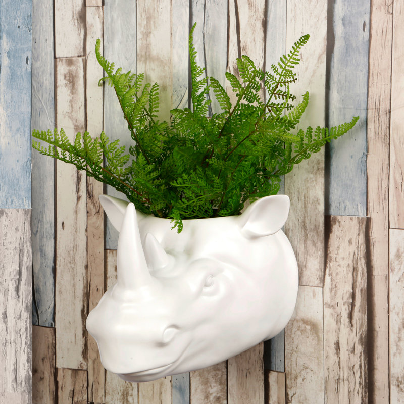 World Menagerie Rhino Flower Faux Taxidermy Pot Hanger Wall Decor
