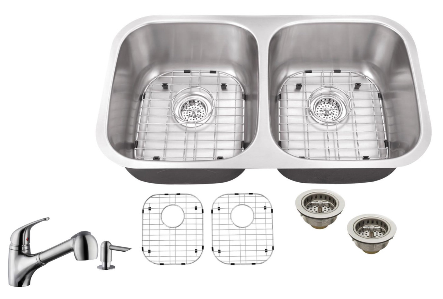 Soleil 18 Gauge Stainless Steel 29 13 L X 5 W Double Basin Ss2918p5828 18 Gauge Stainless Steel 29 13 L X 5 W Double Basin Undermount Kitchen Sink With Low Profile Pull Out Faucet