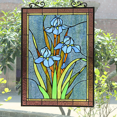 Blue Iris Floral Tiffany Window Panel