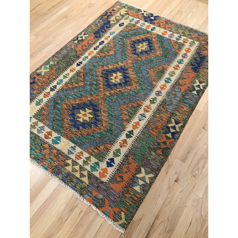 Millwood Pines Hanscom Southwestern Handmade Kilim 4 2 X 5 10 Wool Green Orange Rug Wayfair