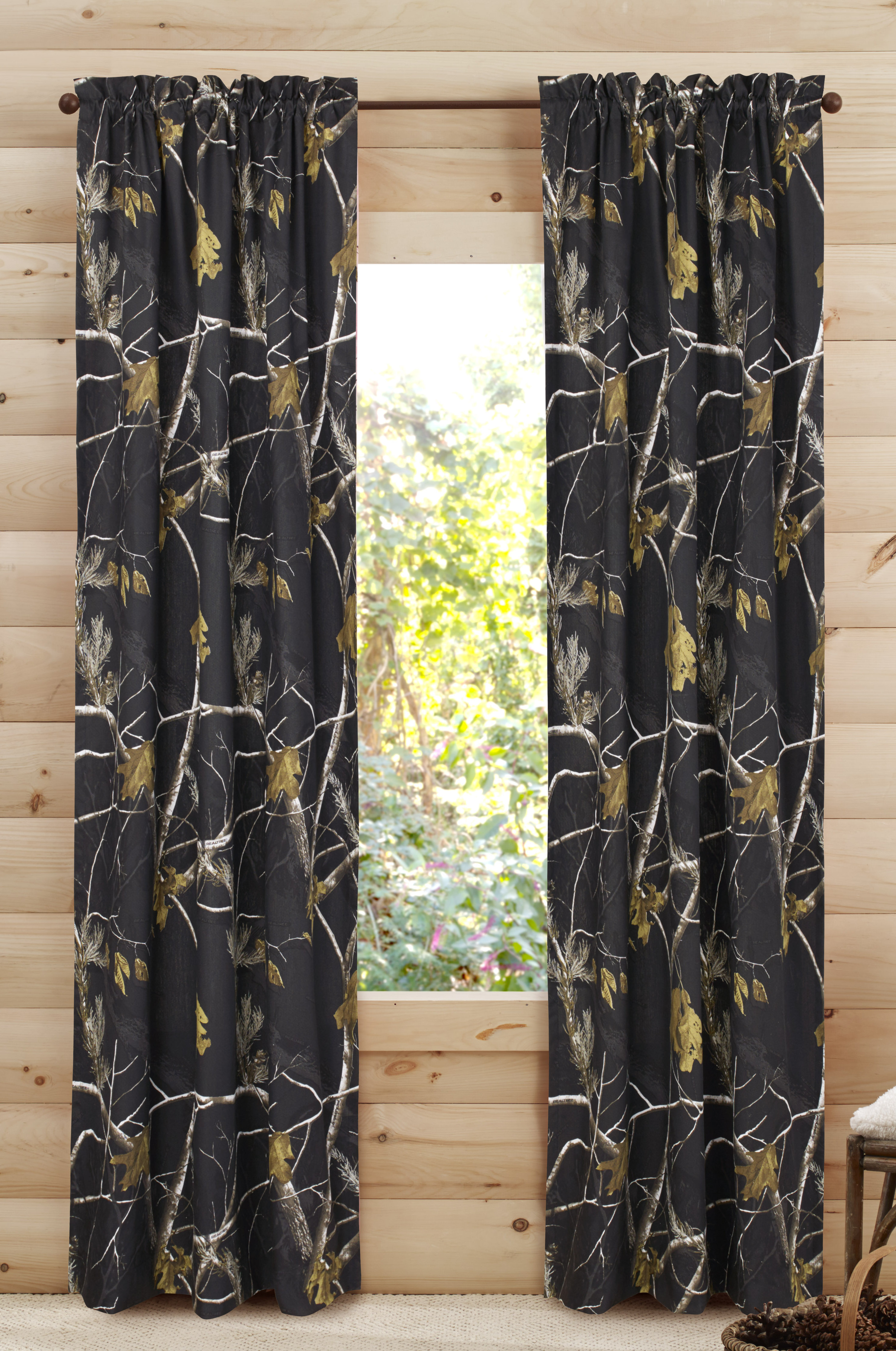 CAMO THE WOODS CURTAINS 5 PC SET AND VALANCE DRAPES NEW LIME WOODS