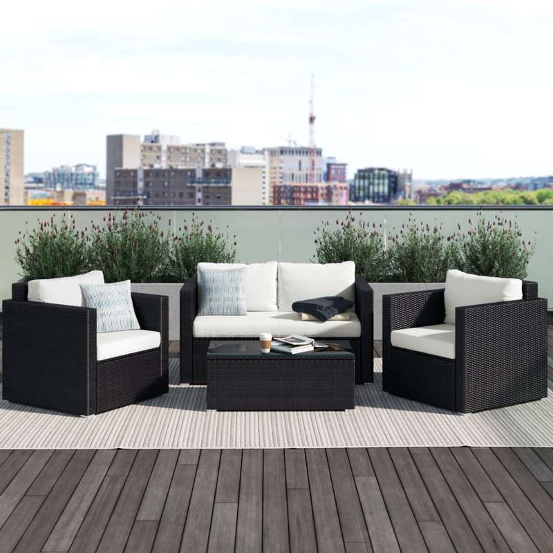 Hardesty 4 Piece Rattan Sofa Seating Group with Cushions Frame Color/Cushion Color: Black Frame/Beige Cushion