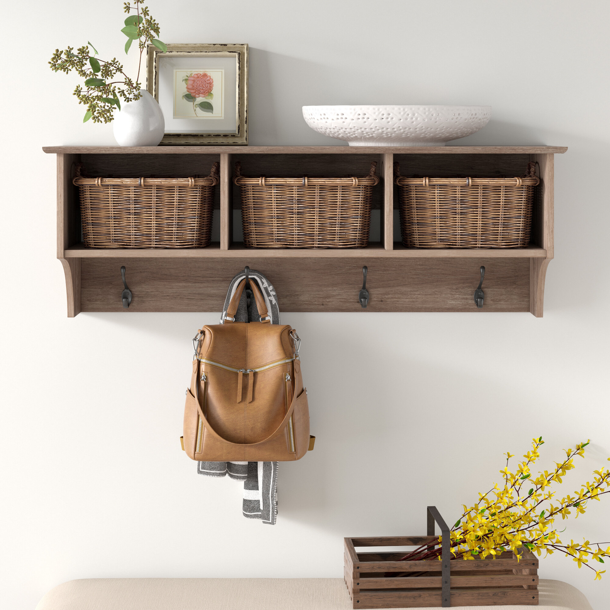 Wall-Mounted Coat Rack with Shelf and 4 Metal Hooks Details about   Danya B Grey Oak and W... 