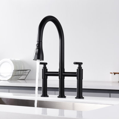 KPAIDA Bridge Kitchen Faucet with Pull Down Sprayer, 3 Hole 8 Inch Kitchen Sink Faucet