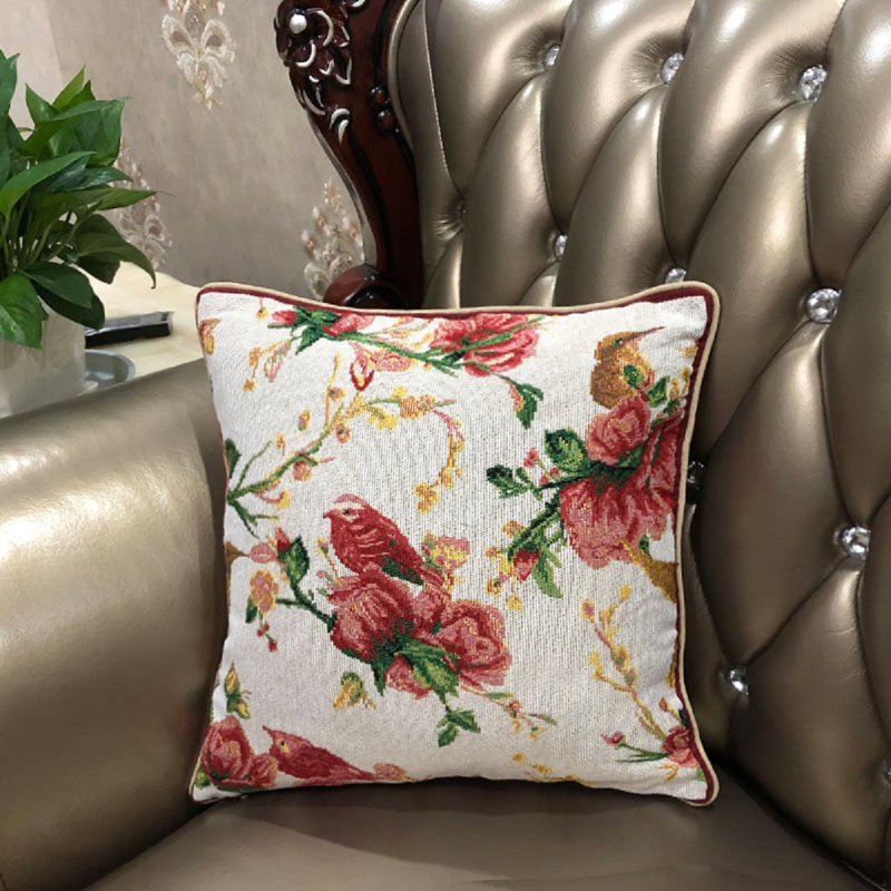 Abstract Cushion Cover Cotton Print Back. Reds Gold Bird Greys Linen