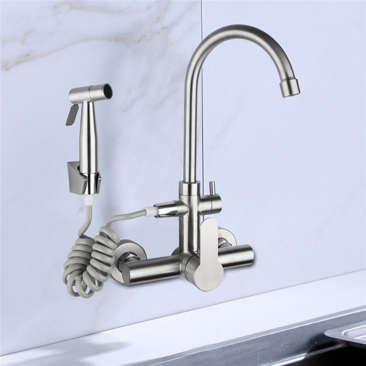 Commercial Stainless Steel Sink Faucet Wall Mount Goose Neck 360 Degree Swivel Dual Hole Single Handle Sink Tap Mixer With Bidet Spray