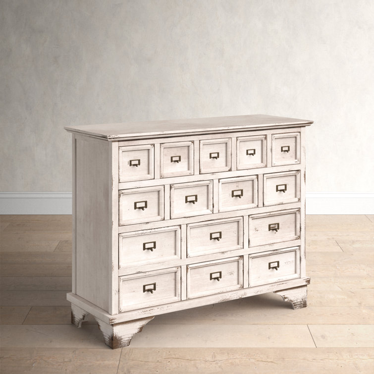 Antique White Distressed 15-Drawer Light Wood Apothecary Cabinet