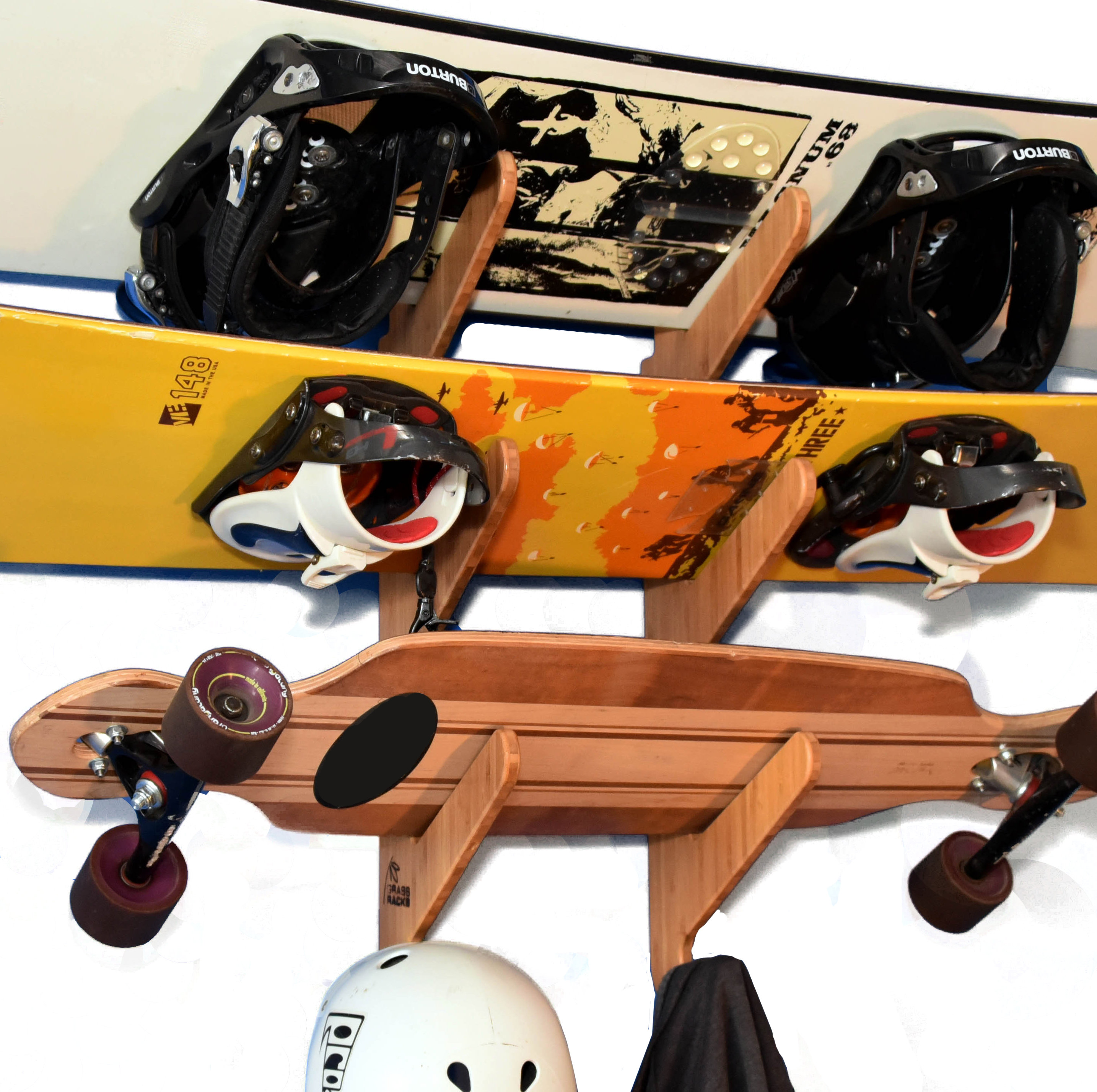 Grassracks Bamboo Snowboard Wall Rack for 4 Snowboards or Longboards Molokai Quad
