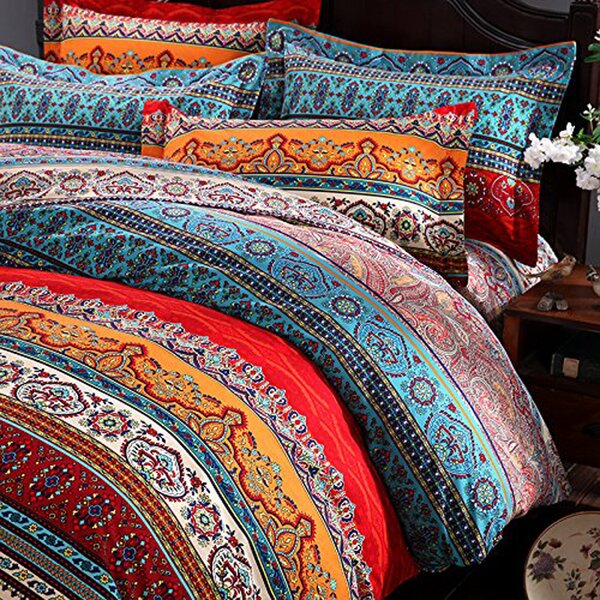 Quilt Set 100 Cotton 3 Piece with Shams Full//Queen Reversible Retro Bohemian Style Printed with Flowers Mandala Medallion Geometric Pattern Blue Red Yellow Luxury Bedding