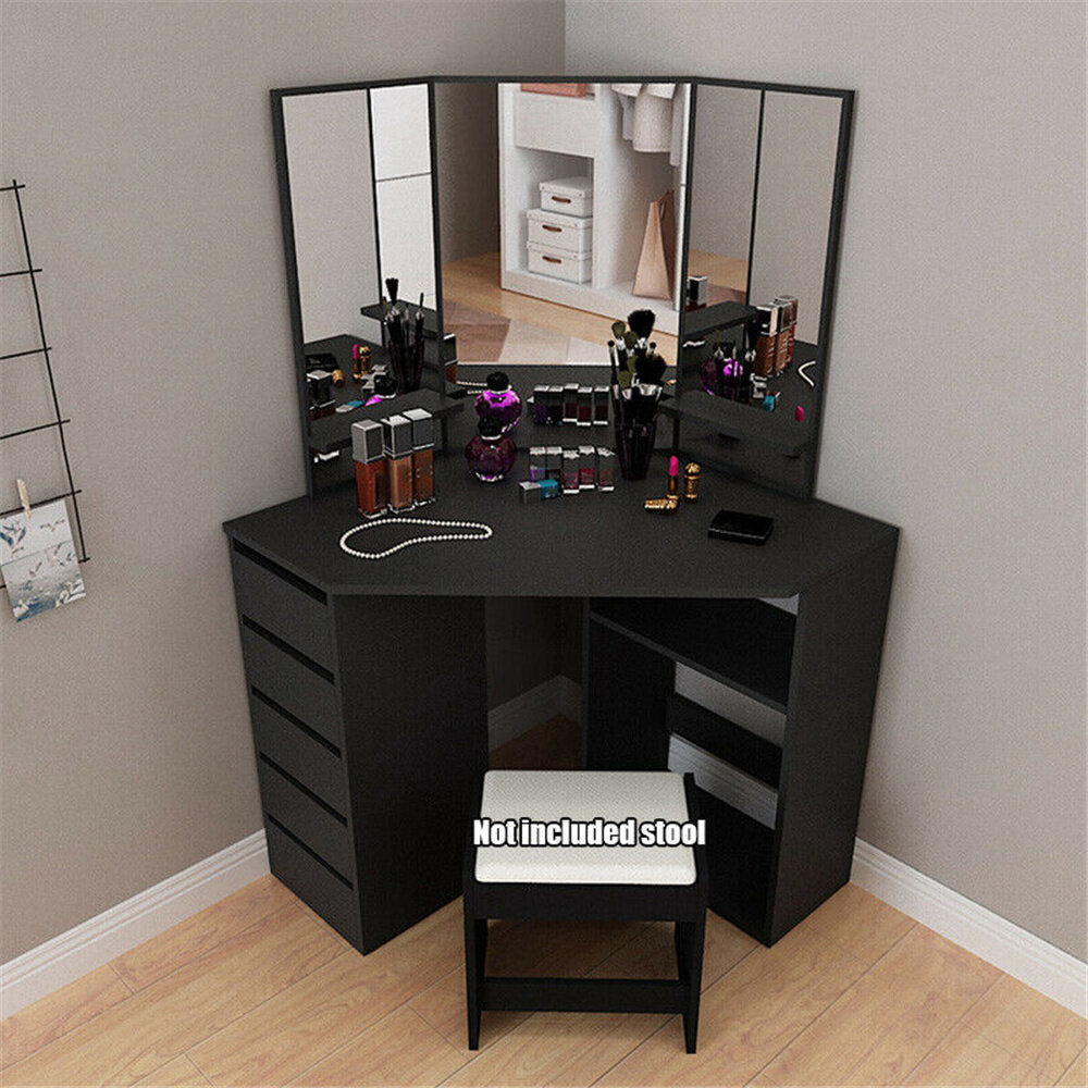 Latitude Run Corner Makeup Vanity Dressing Table With 3 Mirrors 5 Drawers 2 Shelves Wayfair