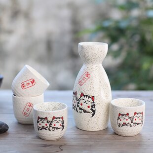 6 Piece Handmade Ceramic Pottery Porcelain Traditional Sake Serving Gift Set Glazed Wine Cold Sake Set 5 Cups with 1 Bottle 