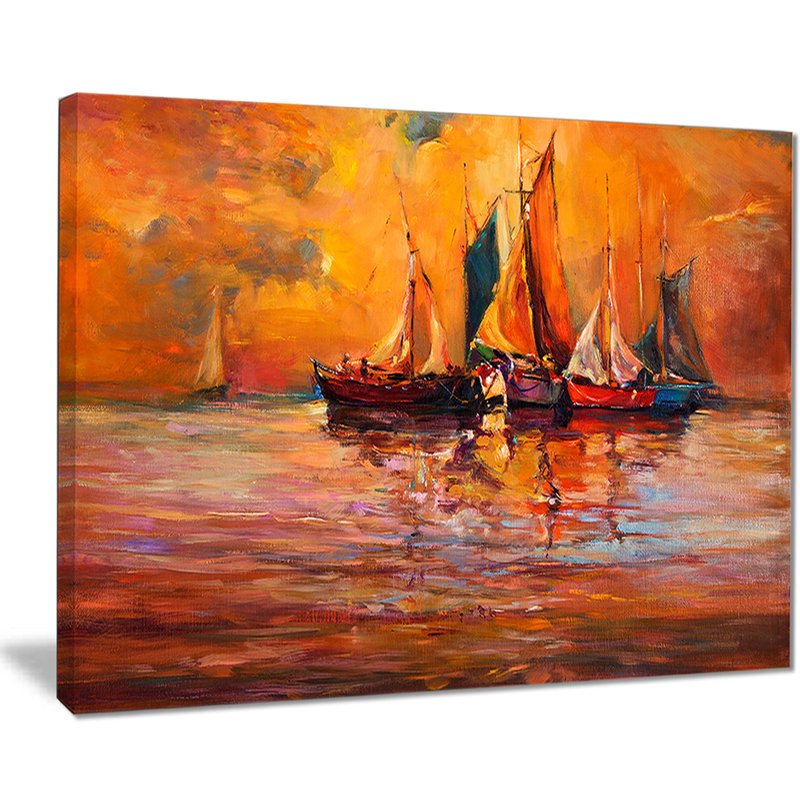 East Urban Home Boats And Ocean In Red Oil Painting Print On