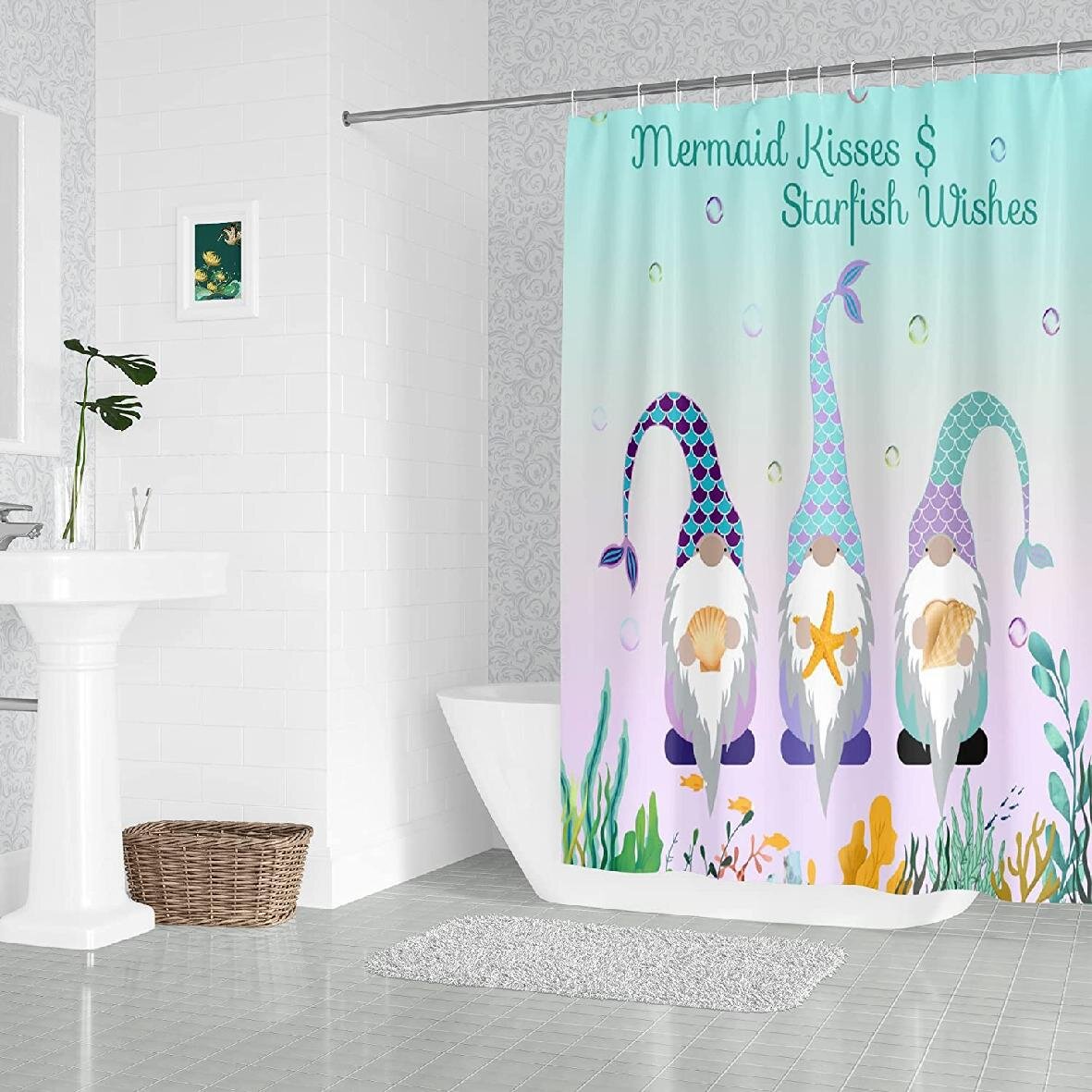 Mermaid Kisses & Starfish Wishes Shower Curtain Set For Bathroom Decor w/ Hooks 
