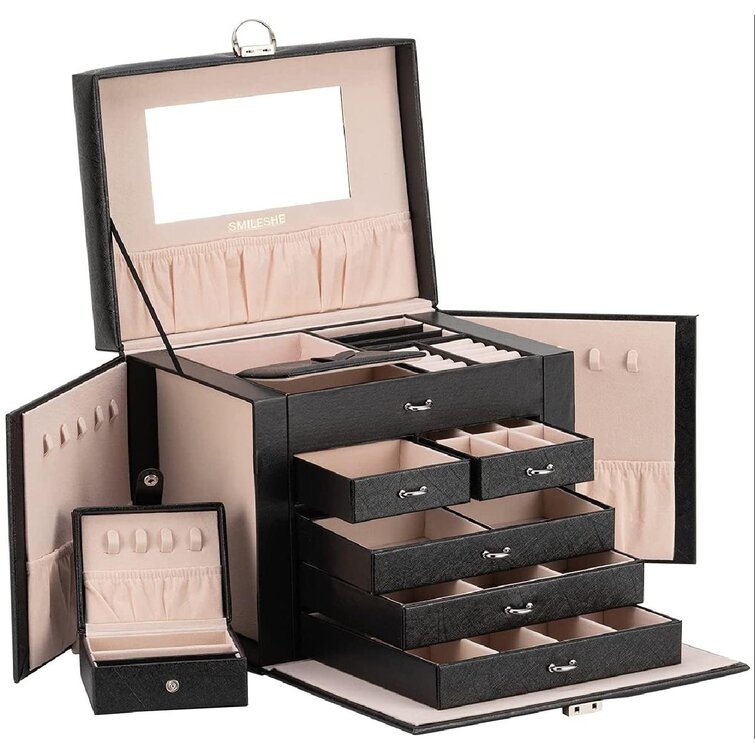 Jewelry Box with Handle PU Leather Jewelry Organizer Mirrored Storage Case 