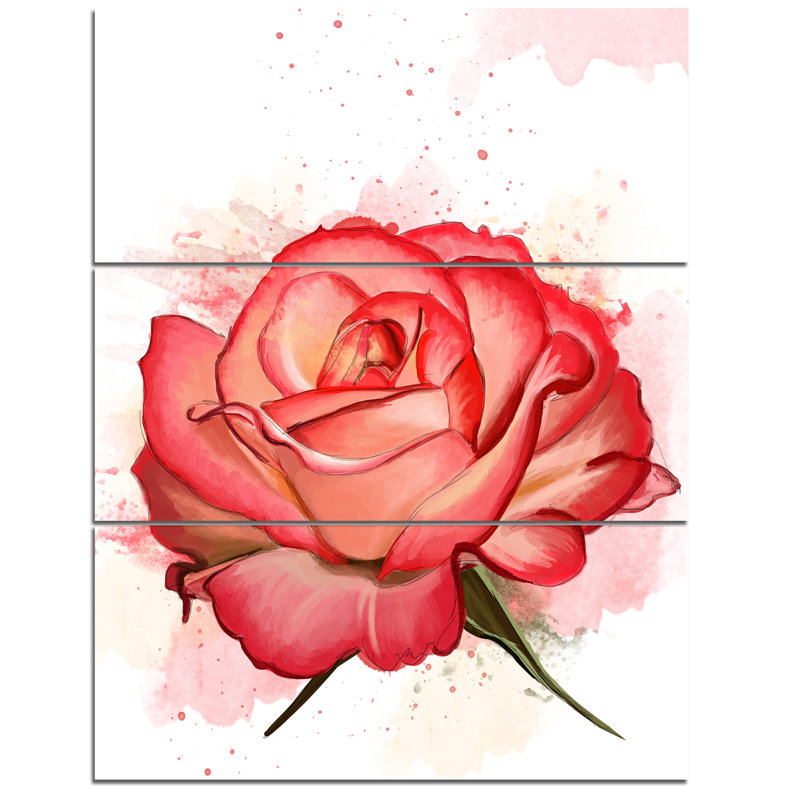 Designart Red Rose Illustration With Splashes 3 Piece Graphic Art On Wrapped Canvas Set Wayfair