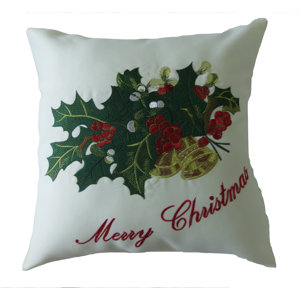 Decorative Embroidered Merry Christmas with Applique Holly and Berries Design Throw Pillow