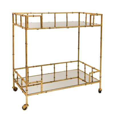 Metal and Glass Two-Tier Bar Cart with Decorative Frame and Rolling Casters for Stylish Serving and Storage