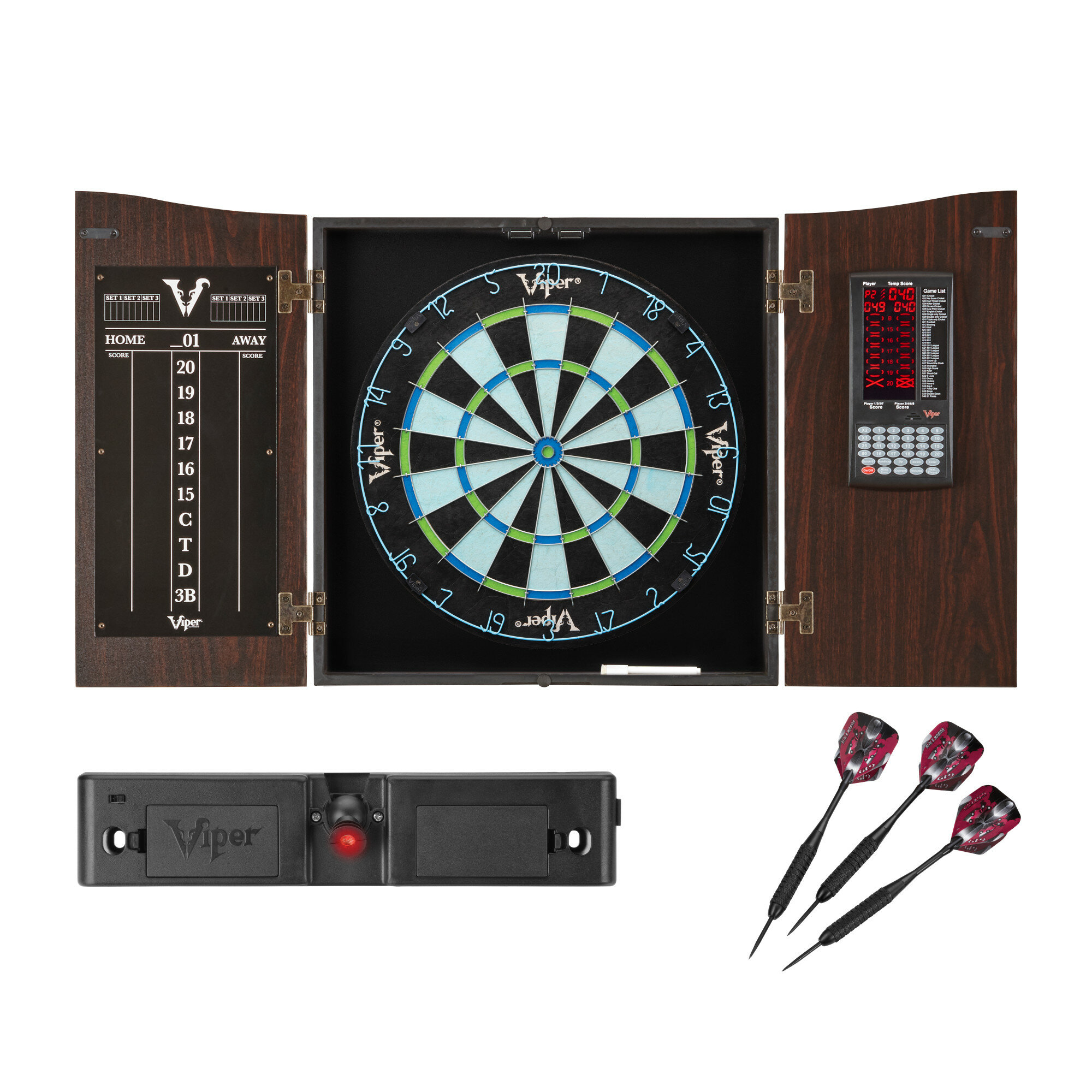 Viper Vault Deluxe Dartboard Cabinet with Integrated Pro Score, Chroma  Bristle Dartboard, Laser Throw Line, and Black Mariah Darts Set (Wayfair 