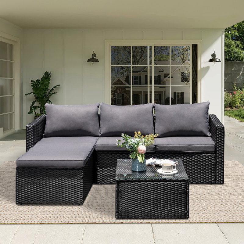 Harbaugh 3-Piece Rattan Sectional Seating Group with Cushions Cushion Color: Gray/Black