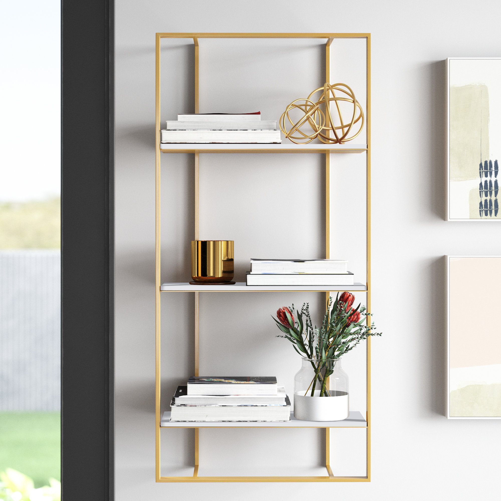 3 Tier Shelf Wall Hanging Shelves Gold Metal Frame Wooden Shelves Storage Decor 