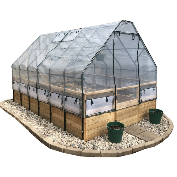 Outdoor Living Today 8 Ft W X 12 Ft D Cedar Garden In A Box With Greenhouse Covering Wayfair
