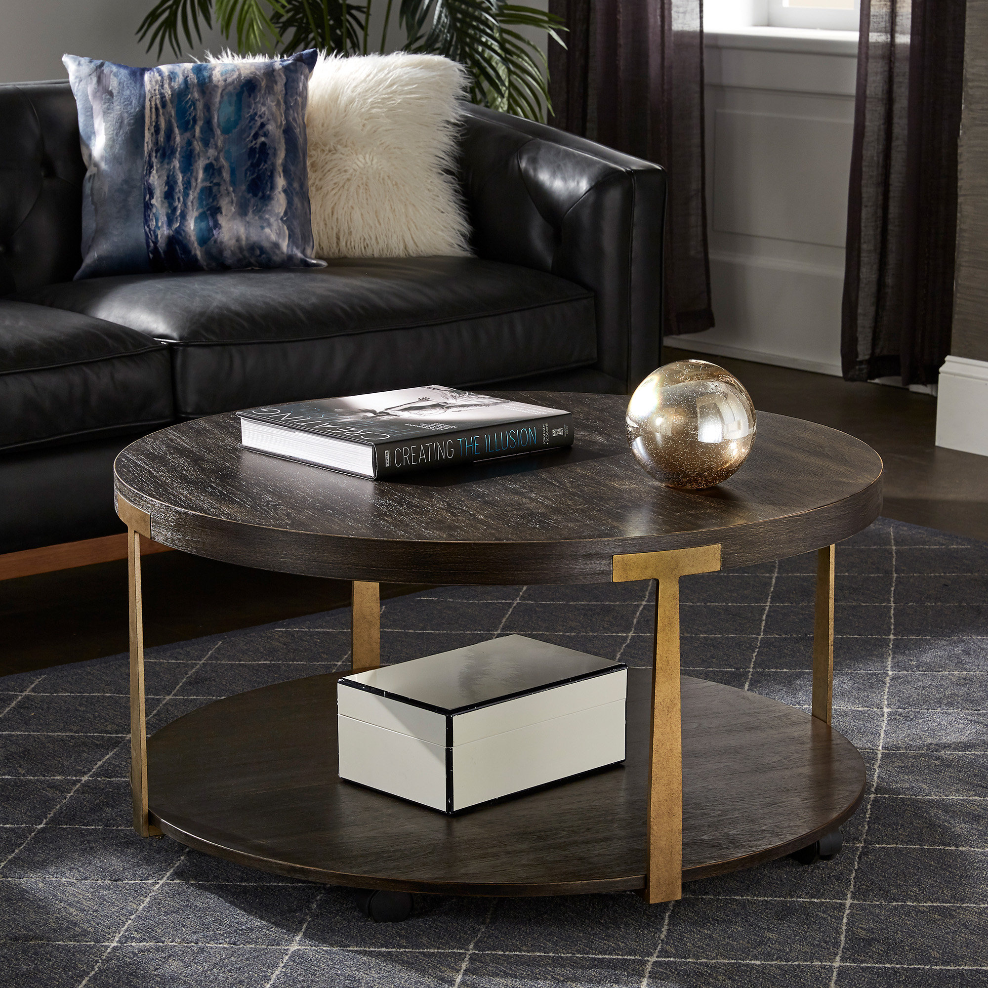 Mercer41 Kirkus Espresso Finish Antique Brass T Brace Coffee Table Wayfair