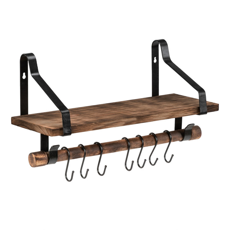 Floating Shelf Wall Shelf Rustic Wood Kitchen Spice Rack With Towel Bar And  8 Removable Hooks For Organize Cooking Utensils Or Mugs