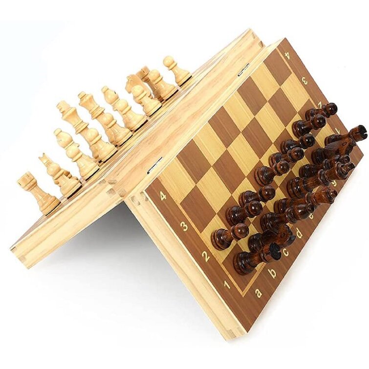 Wooden Magnetic Chess Set Folding Board Desktop Game and Storage Toy for Kids Beginners Adults