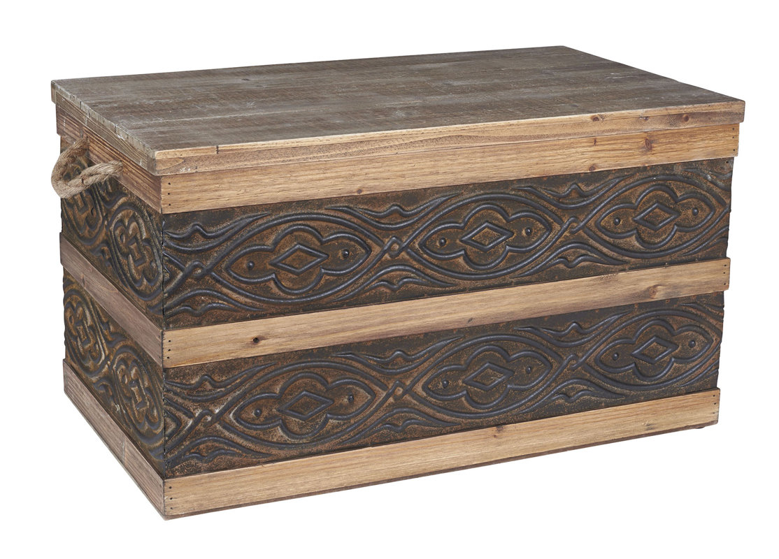 Household Essentials Large Metal Banded Wooden Storage Trunk Large Metal Banded Wooden Storage Trunk