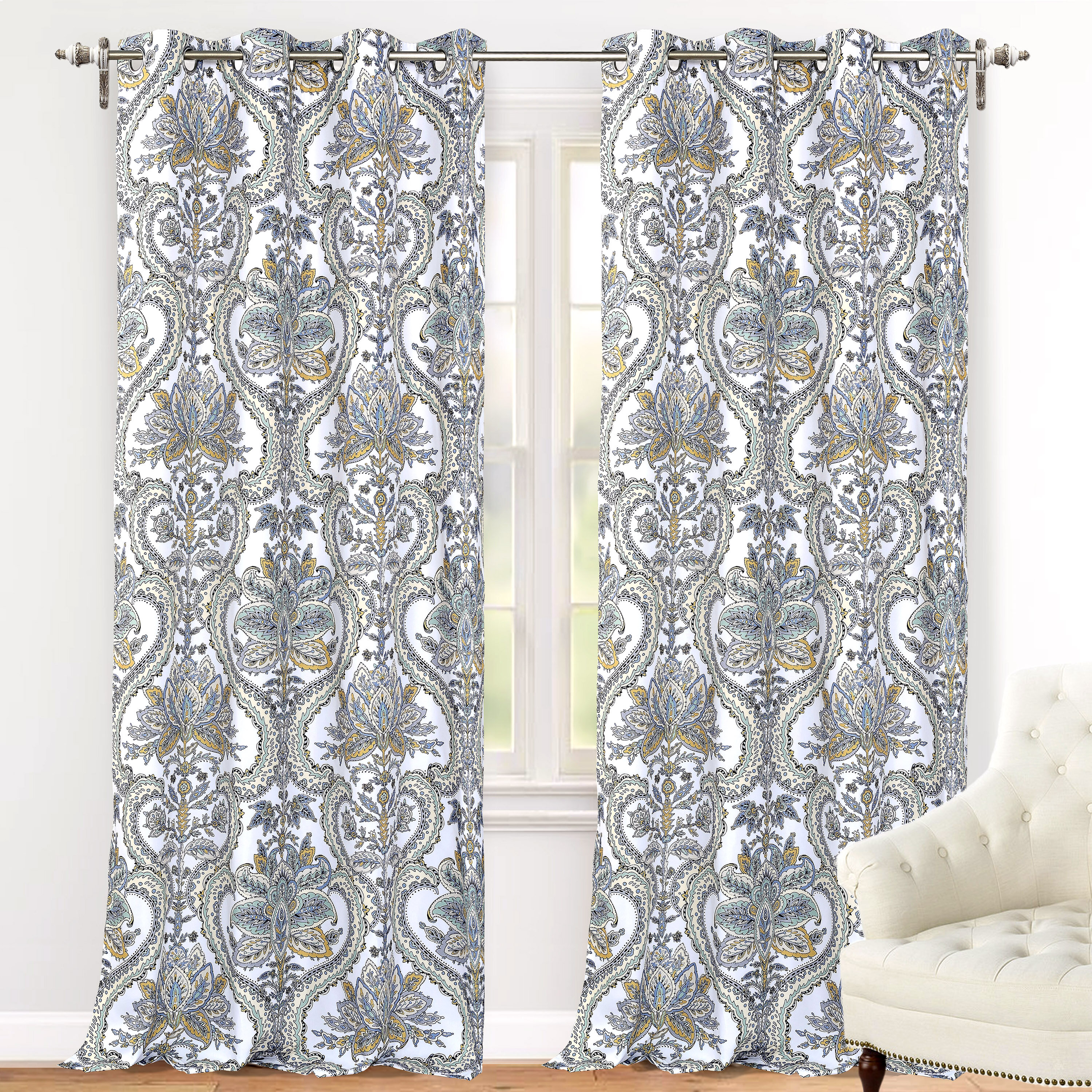SET OF 2 CURTAIN WHITE SILVER YELLOW LEAFPRINTED WINDOW PANEL INSULATED THERMAL 
