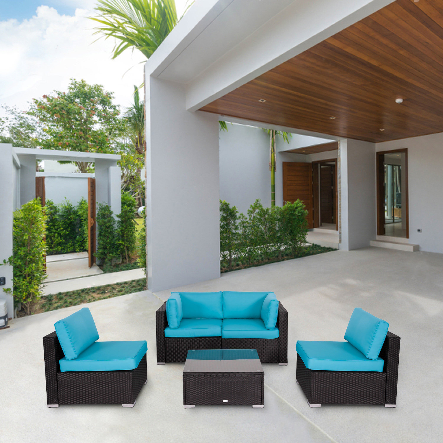 Kinbor 5 Piece Outdoor Furniture Set All Weather Patio Sectional Sofa Cushioned Wicker Conversation Set With Coffee Table Wayfair Ca