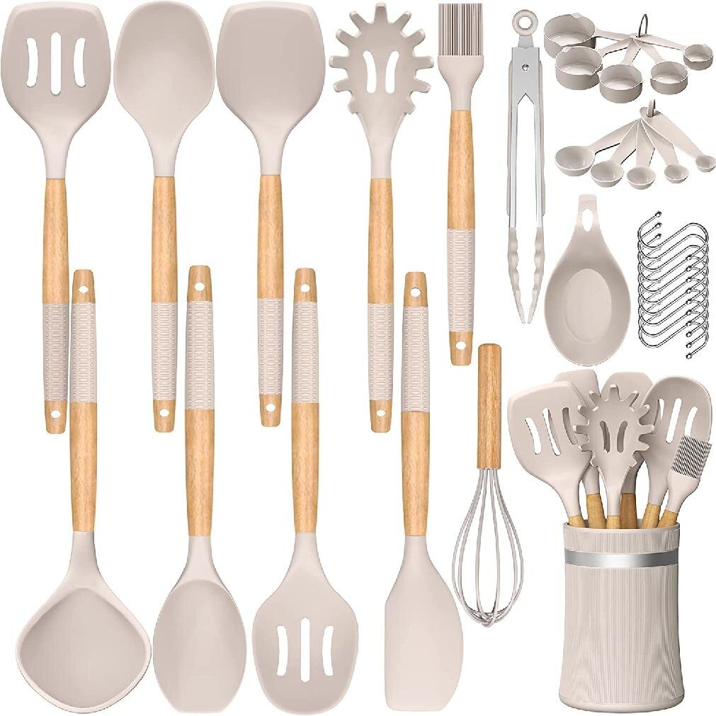 Wooden Handles Heat Resistant & BPA Free & Non-Toxic Kitchen Utensils Spatula Set with Holder Best Kitchen Gadgets Tools for Cookware 34 PCS Silicone Cooking Utensils Set Gray