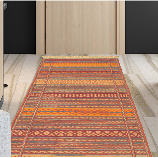 Foundry Select Zeman Handmade Kilim Wool Light Blue Light Orange Red Rug Wayfair