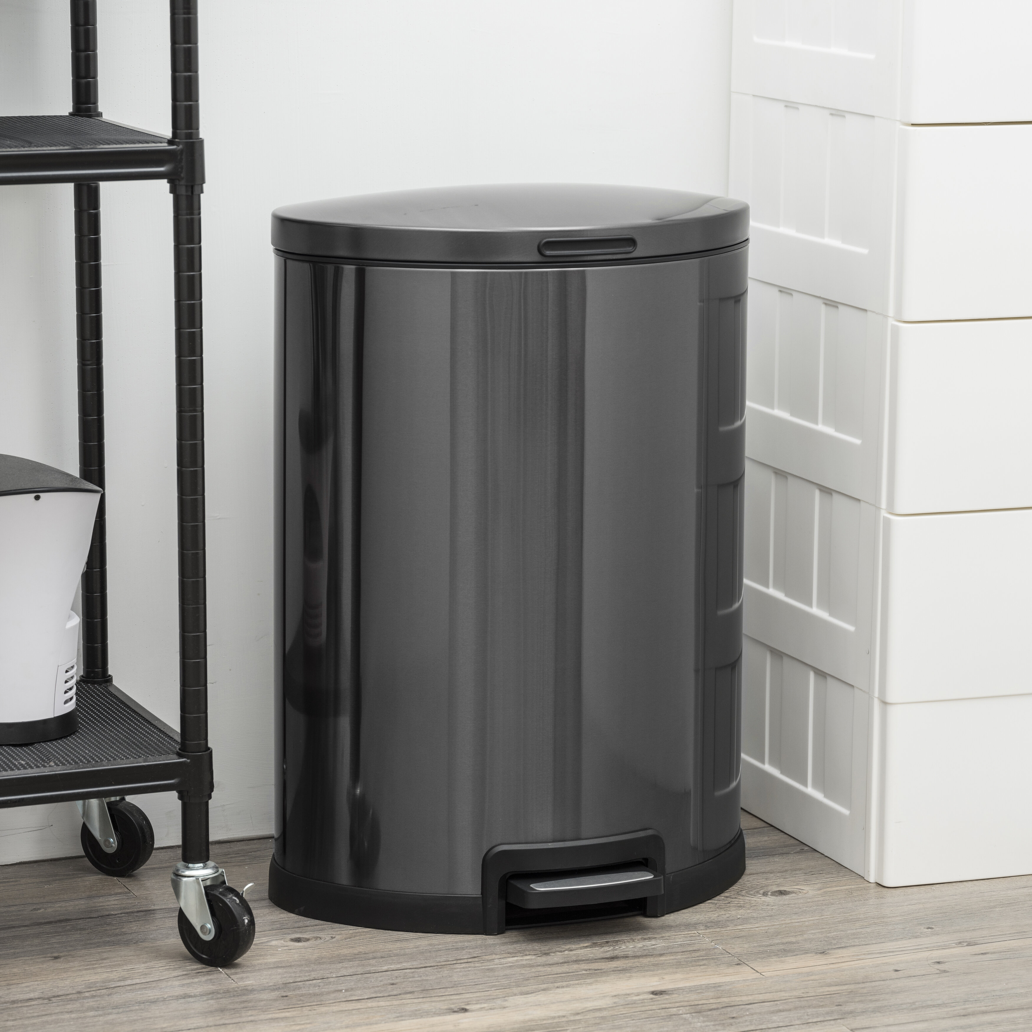 HomeZone 45 L Black Stainless Steel Semi Round Kitchen Trash Can Step 12 Gallon 