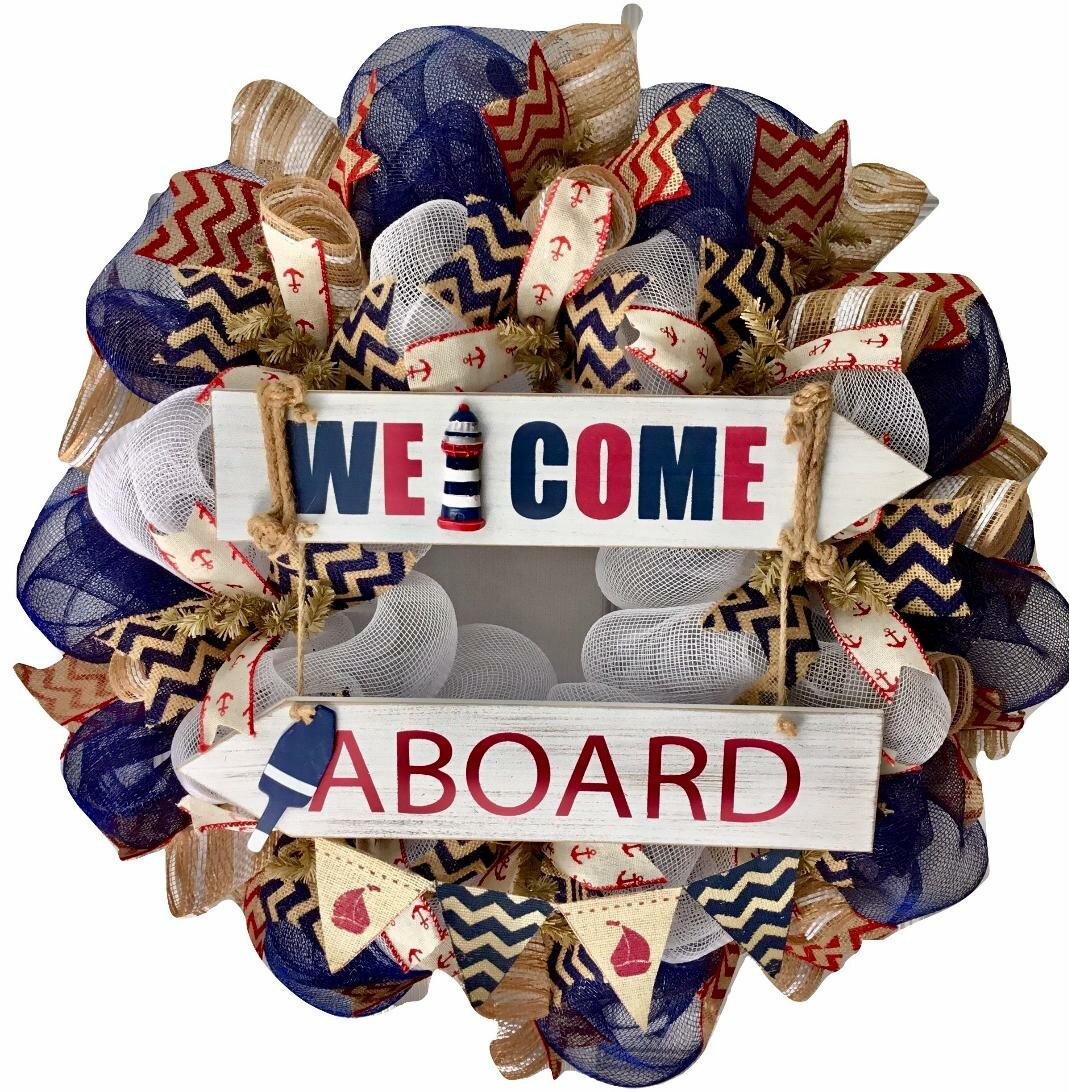 Breakwater Bay Welcome Aboard Nautical Handmade 24 Deco Mesh Wreath Wayfair