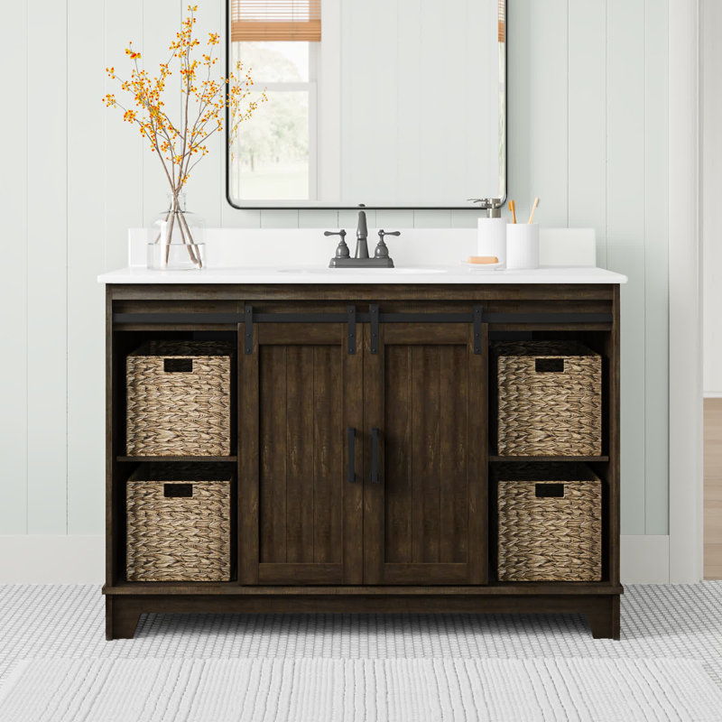 Braylen Sliding Barn Door 48" Single Bathroom Vanity Set Base Finish: Saw Cut Espresso