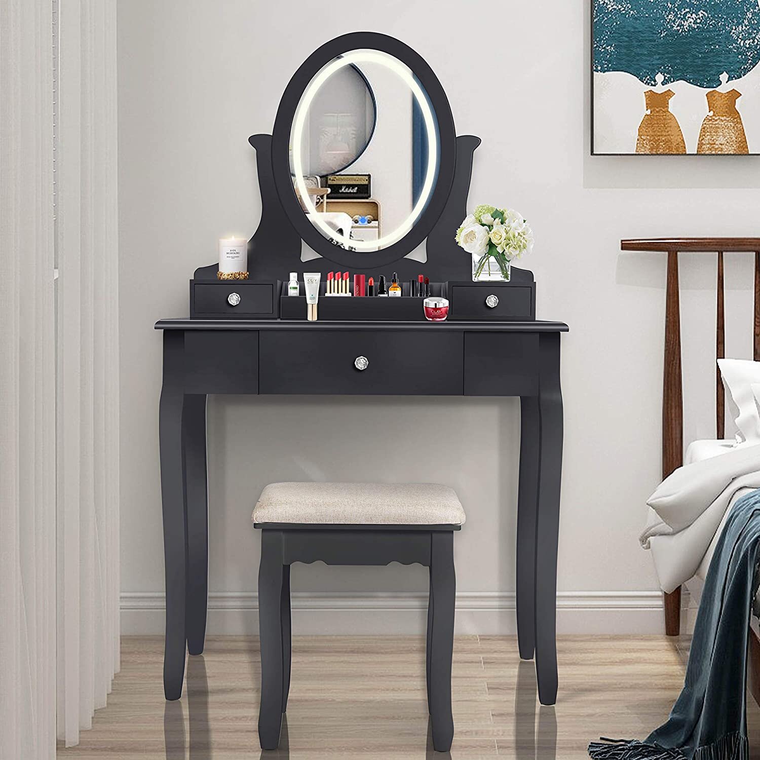 Red Barrel Studio Vanity Table Set With Rotatable Oval Mirror