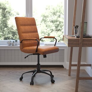 BROWN LEATHER WITH CHERRY FINISH ARMS AND BASE OFFICE COMPUTER DESK CHAIR 