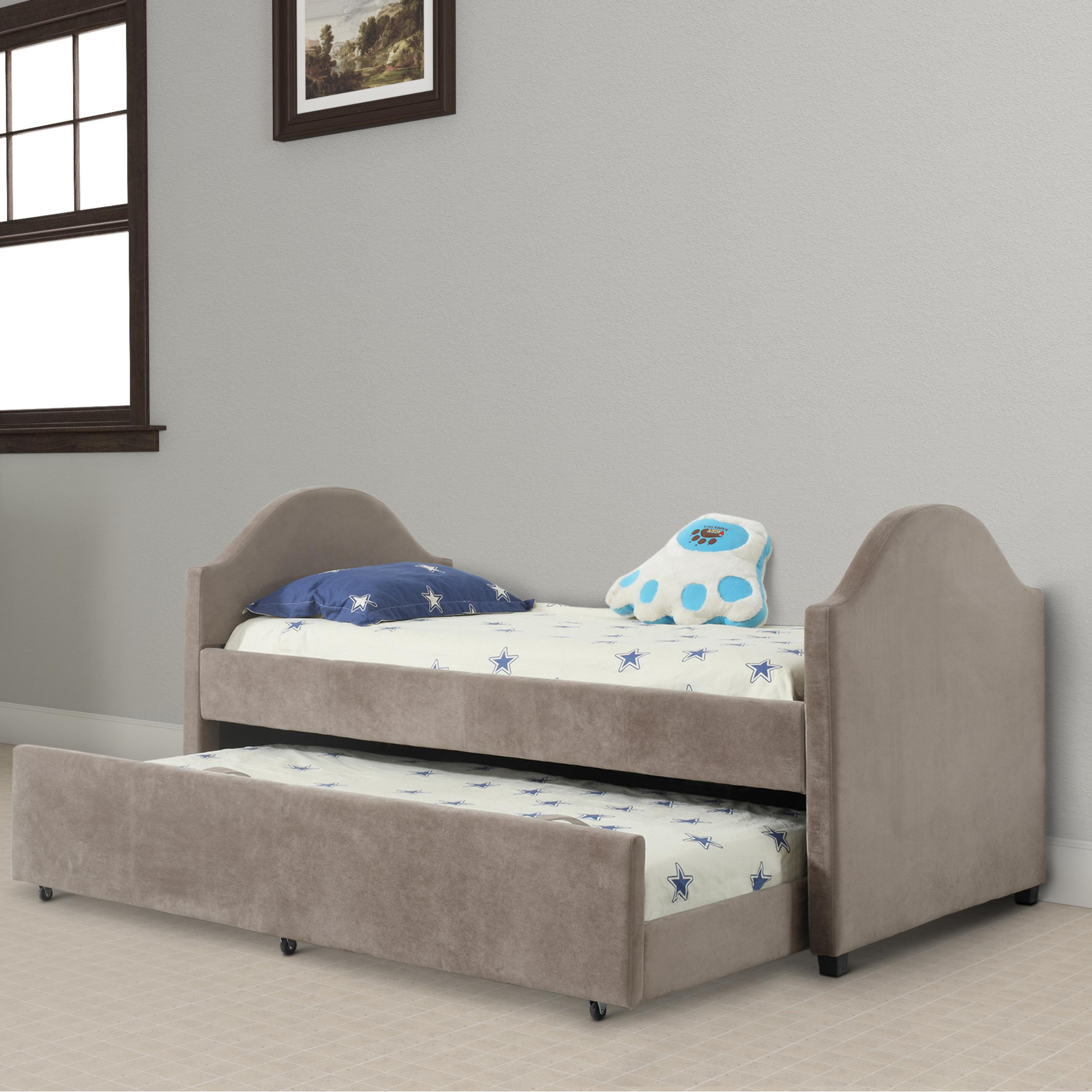 Harriet Bee Twin Size Trundle Bed With Microfiber Upholstery Grey