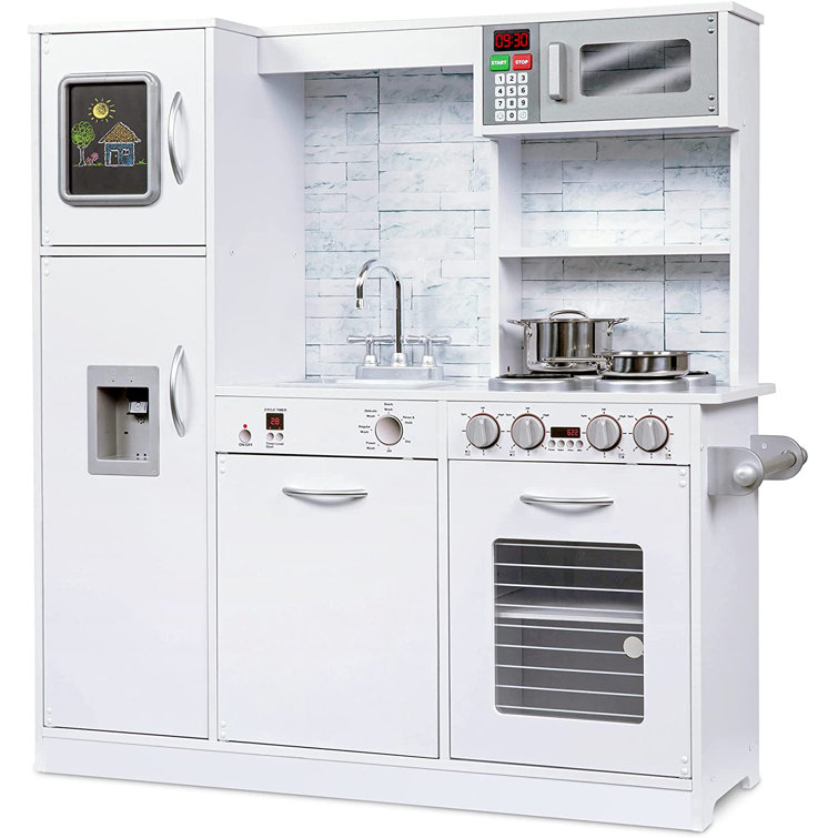 Kids Kitchen Set, Pretend Wooden Play Kitchen, Battery Operated Icemaker &  Microwave With Realistic Sound, Pots & Pan Included - White
