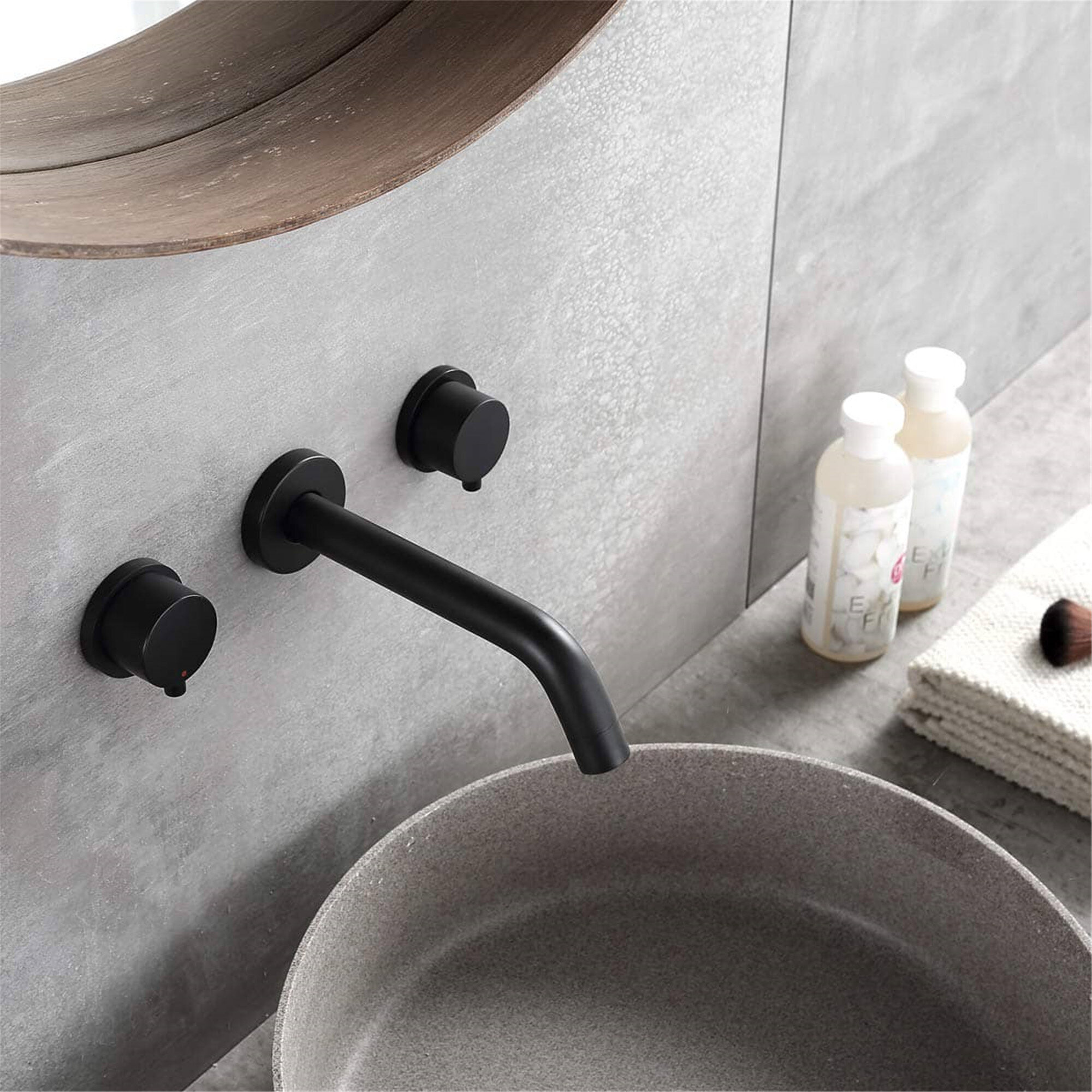 Wall Mounted Bathroom Basin Black 3 PCS Mixer Tub Faucet Brass Cold & Hot Taps 